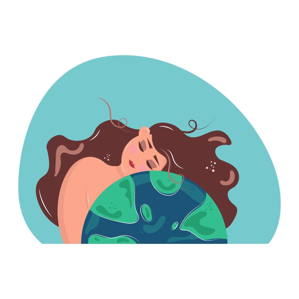 Cute girl hugs the planet Earth. vector illustration