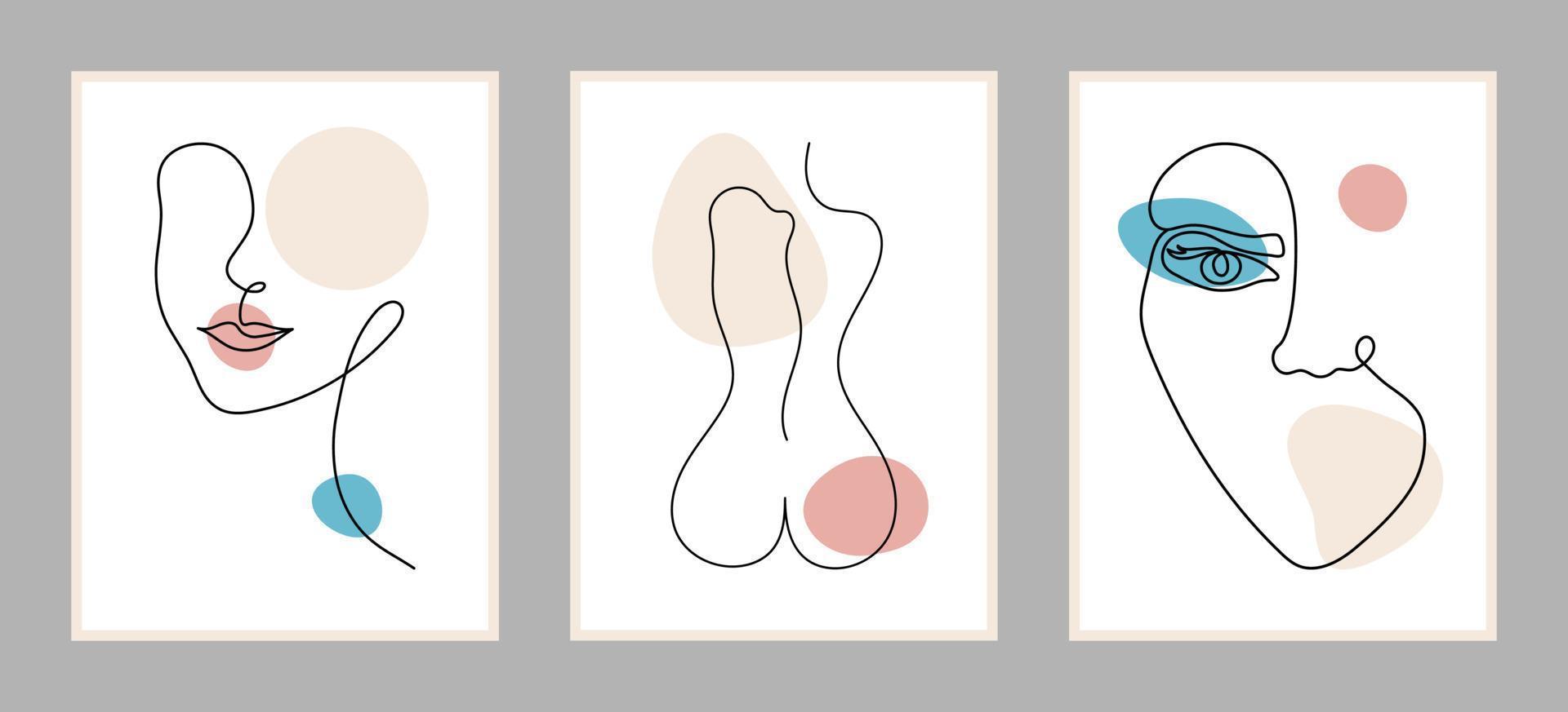 conjunto de carteles con retratos de mujeres al estilo de arte lineal con manchas de color. ilustración vectorial vector