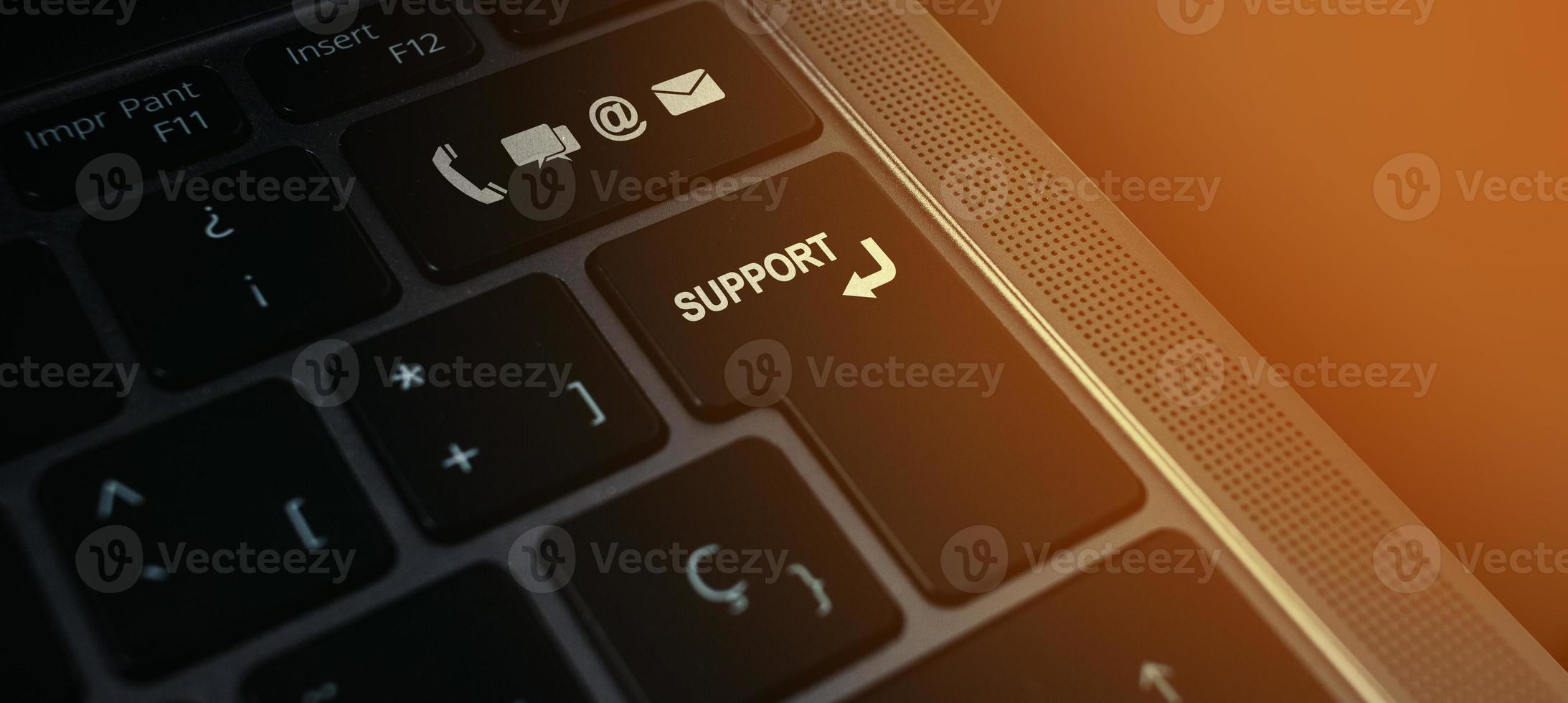 Banner of keyboard with support button and icons. Internet of things. Customer support hotline people connect. Feedback, business and finance concept. photo