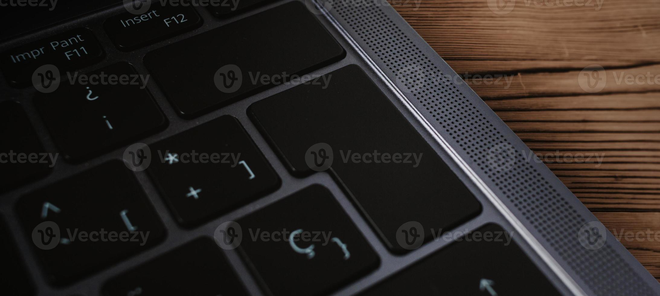 Banner of keyboard with blank button for mockup. Internet of things. Data information. Technology template. Tech background with copy space. photo