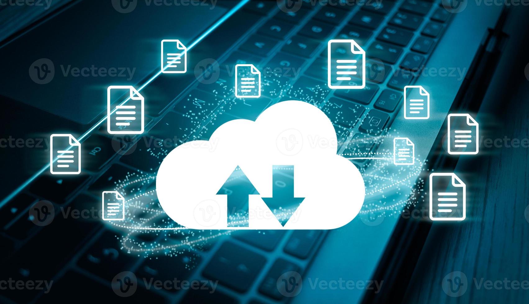 Dark and blue keyboard laptop with digital cloud computing diagram interface. Data storage. Cloud technology management big data. photo