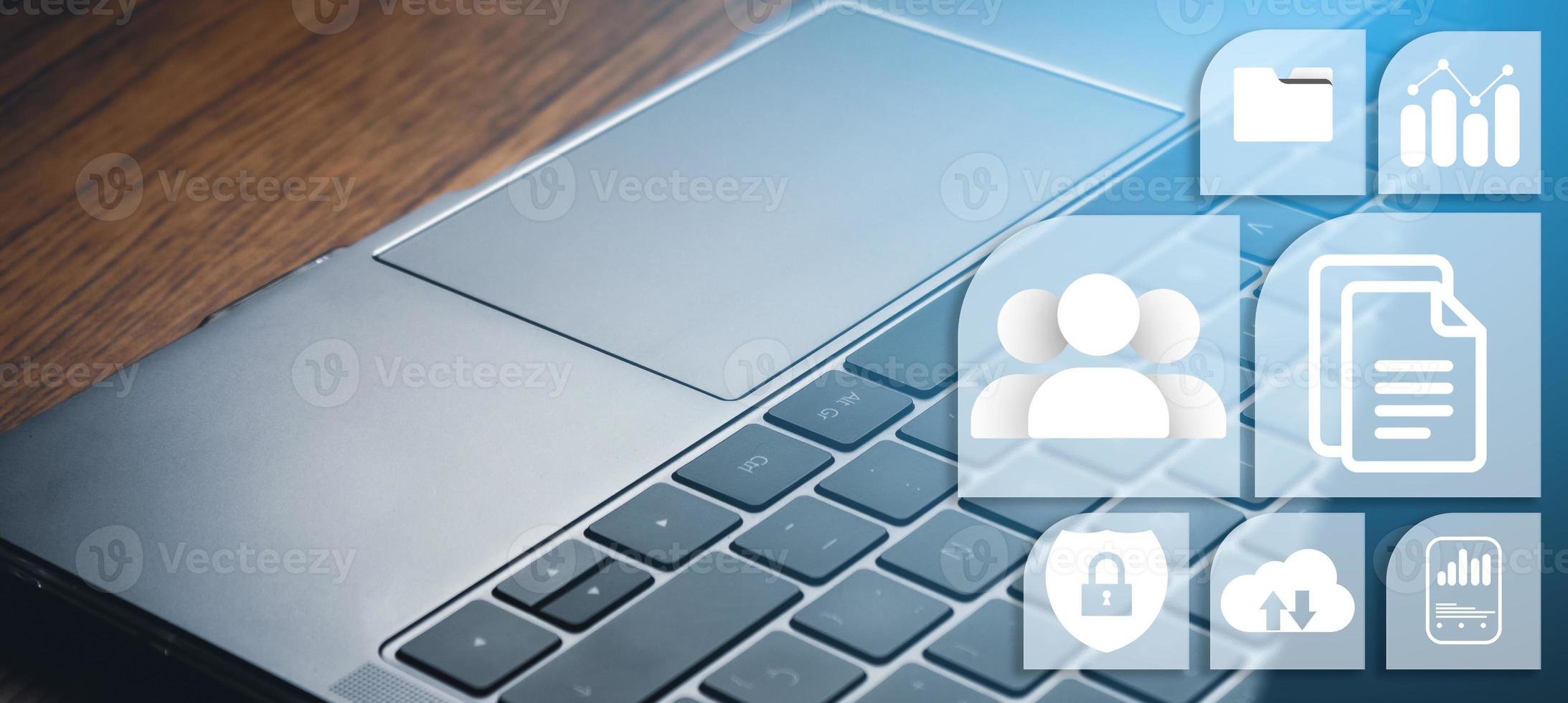 Banner close up of laptop keyboard with digital administration interface. Document Management System Concept. Corporate business technology. Online documentation database. photo