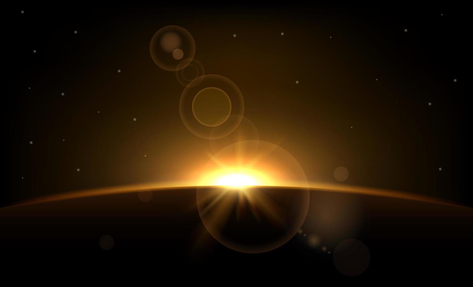 Sun eclipse. Solar ring on dark backdrop. Planet with sun rays. Abstract light effect. golden glow in space. Earth horizon with lights. Realistic sunrise with glares. Vector illustration.