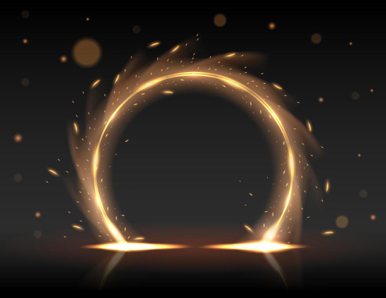 Abstract circle light motion effect with sparks on black background. Rotating rings with shine rays. Vector illustration