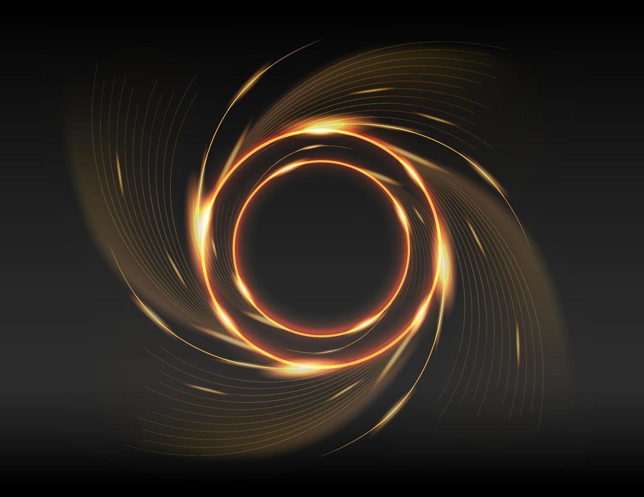 Abstract golden light circle lines effect on black background. Rotating rings with shine rays. Vector illustration
