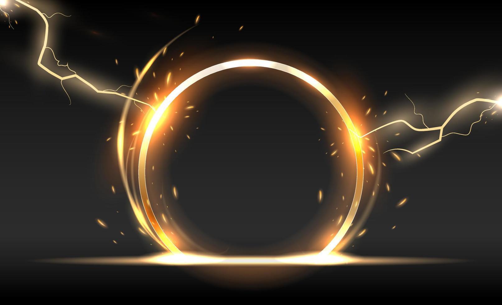 Abstract golden light circle lines effect with lightning strike on black background. Rotating rings with shine rays. Vector illustration