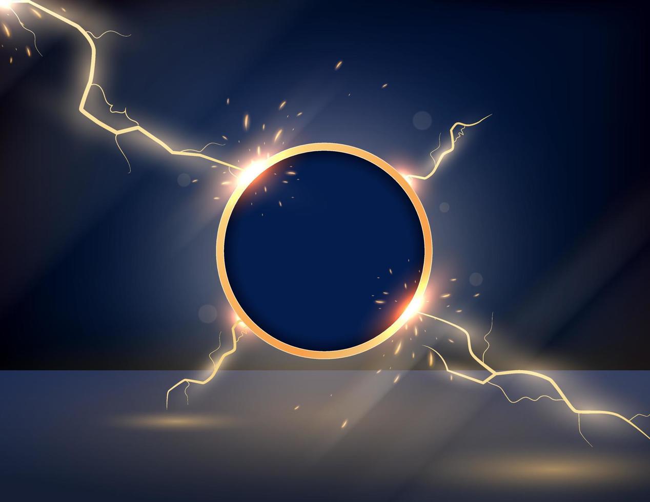 Golden circle frame with lightning effect on blue background. Vector illustration