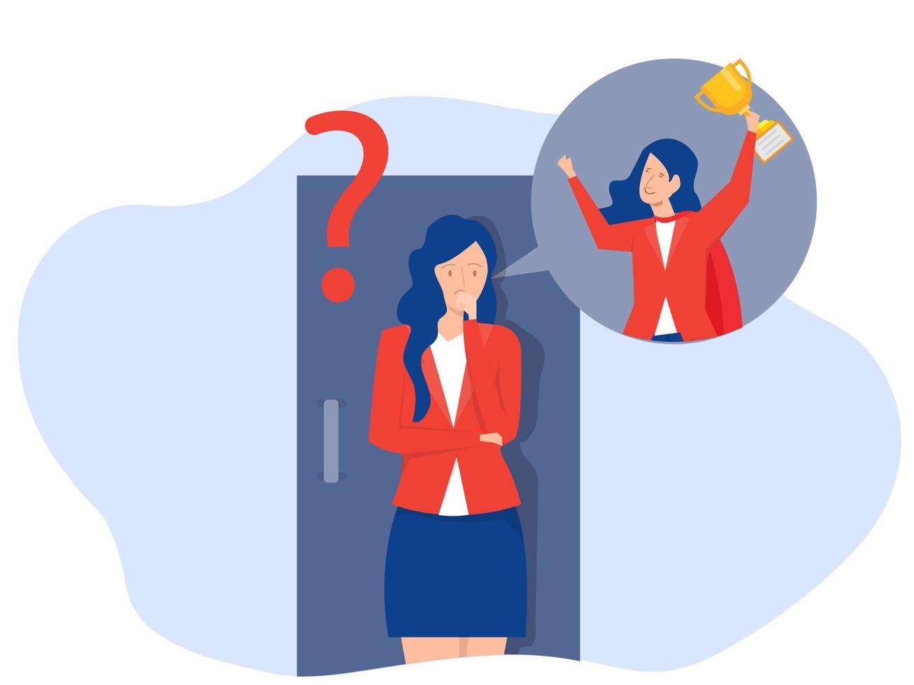 Imposter syndrome.woman standing for her present profile with fear after door . Anxiety and lack of self confidence at work the person fakes is someone else concept vector