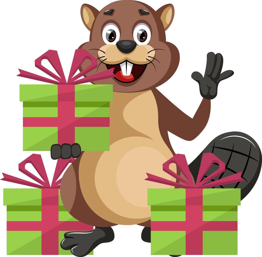 Beaver with presents, illustration, vector on white background.
