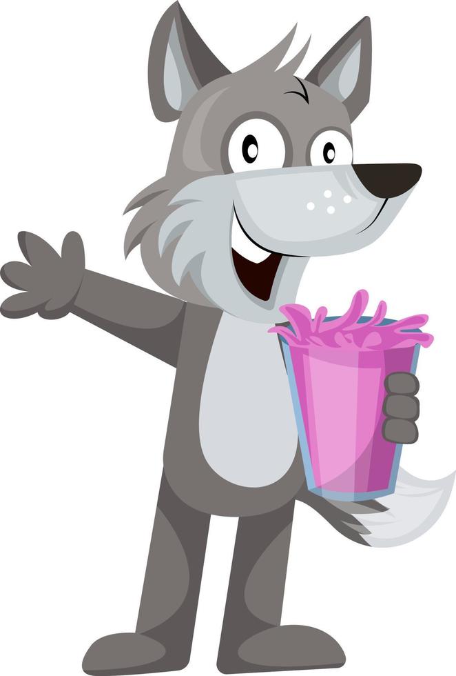 Lobo con jugo de rosa, ilustración, vector sobre fondo blanco.