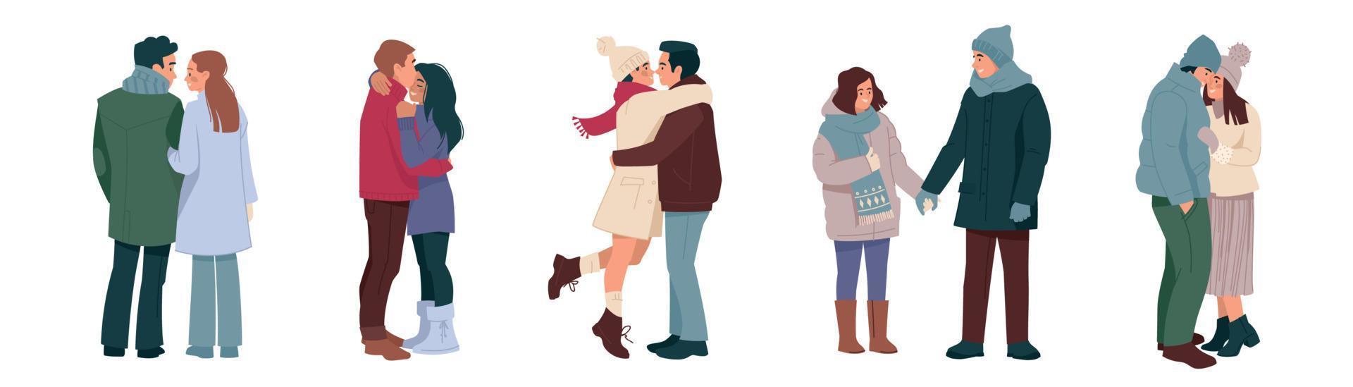 abrazando parejas en ropa de invierno. un hombre y una mujer enamorados, una familia feliz de paseo. romanticismo de invierno. plano. conjunto de ilustraciones vectoriales. vector