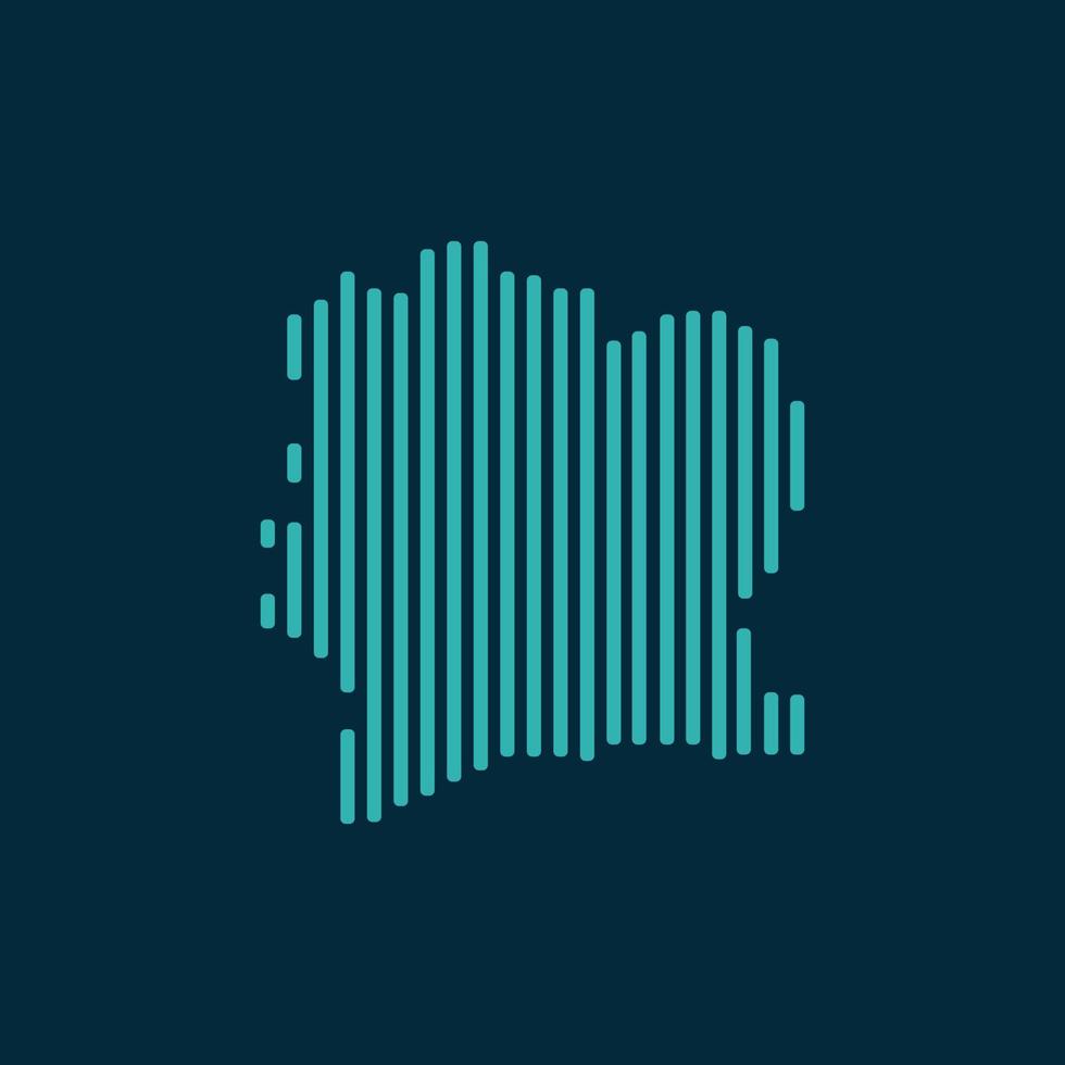 Vector abstract map of Cote d'Ivoire with blue straight rounded lines isolated on a indigo background.