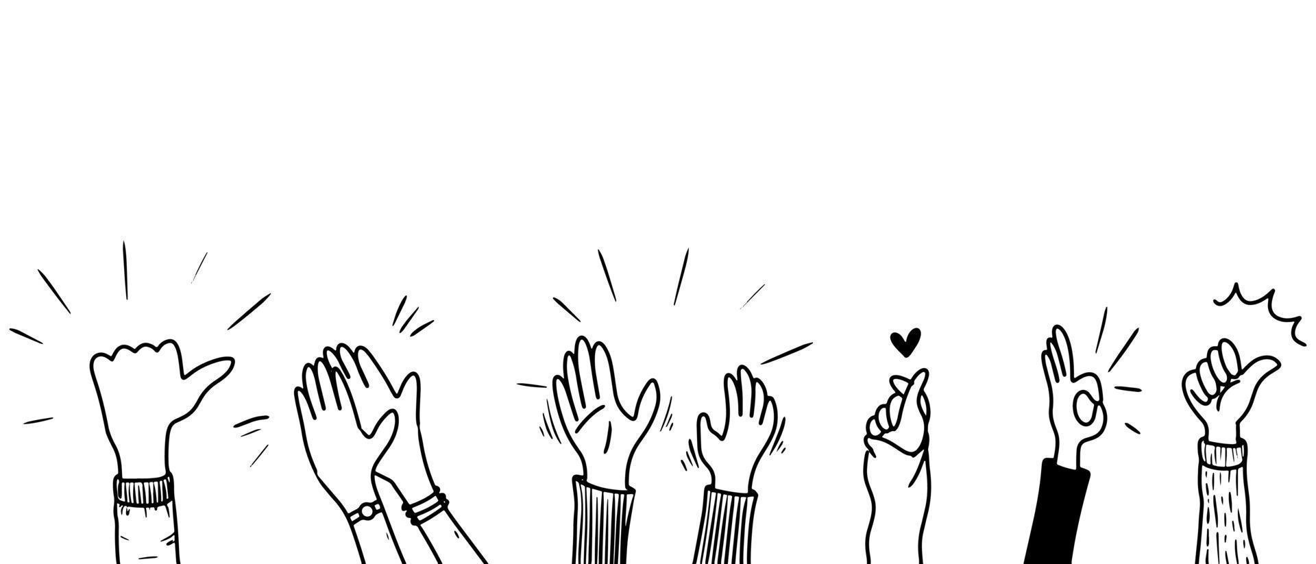 Applause hand draw, doodle clapping ovation. thumbs up gesture isolated on white background , vector illustration.