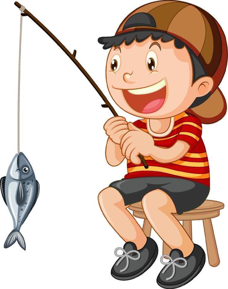 niño feliz sentado en una silla pescando vector