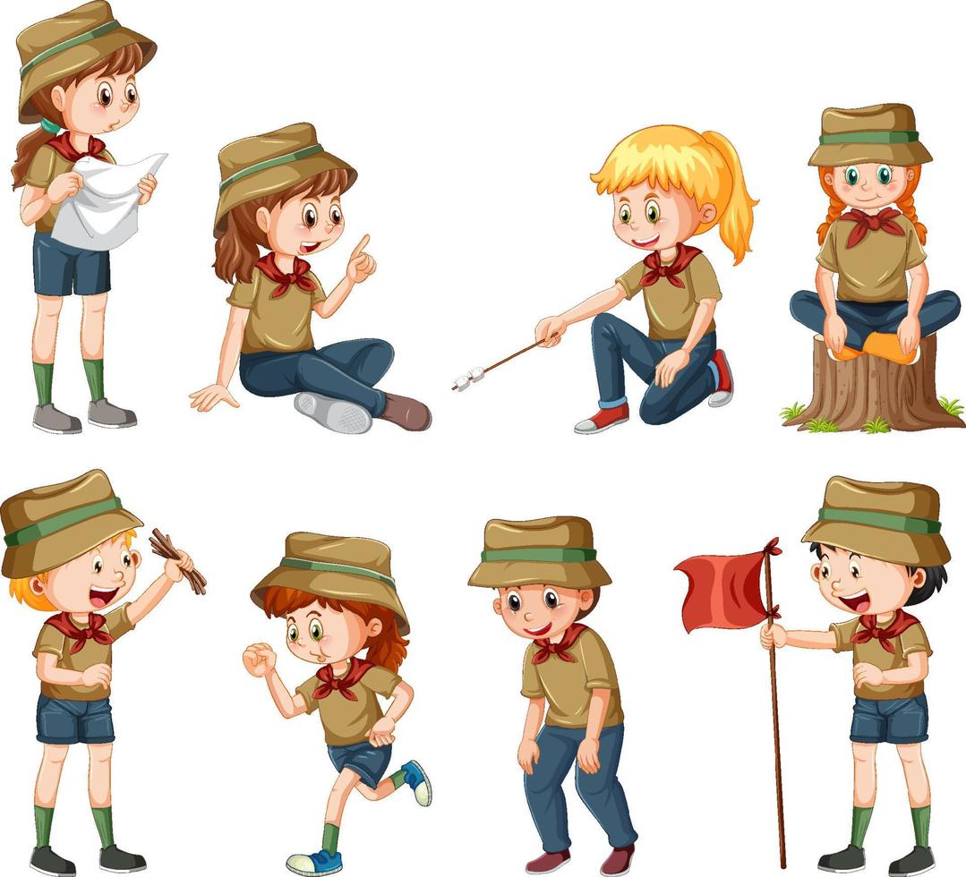 Set of camping kids cartoon character vector