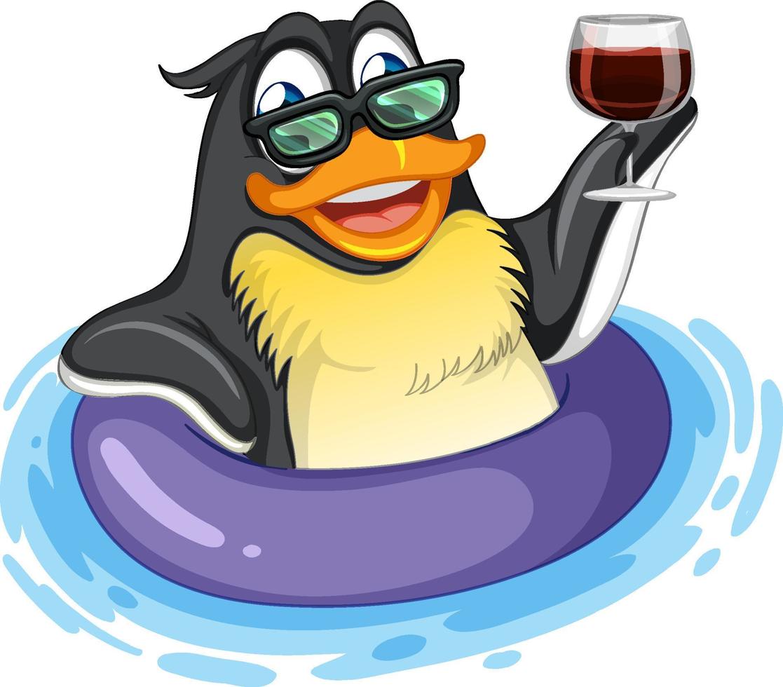 Cute penguin cartoon character wearing inflatable ring drinking wine vector