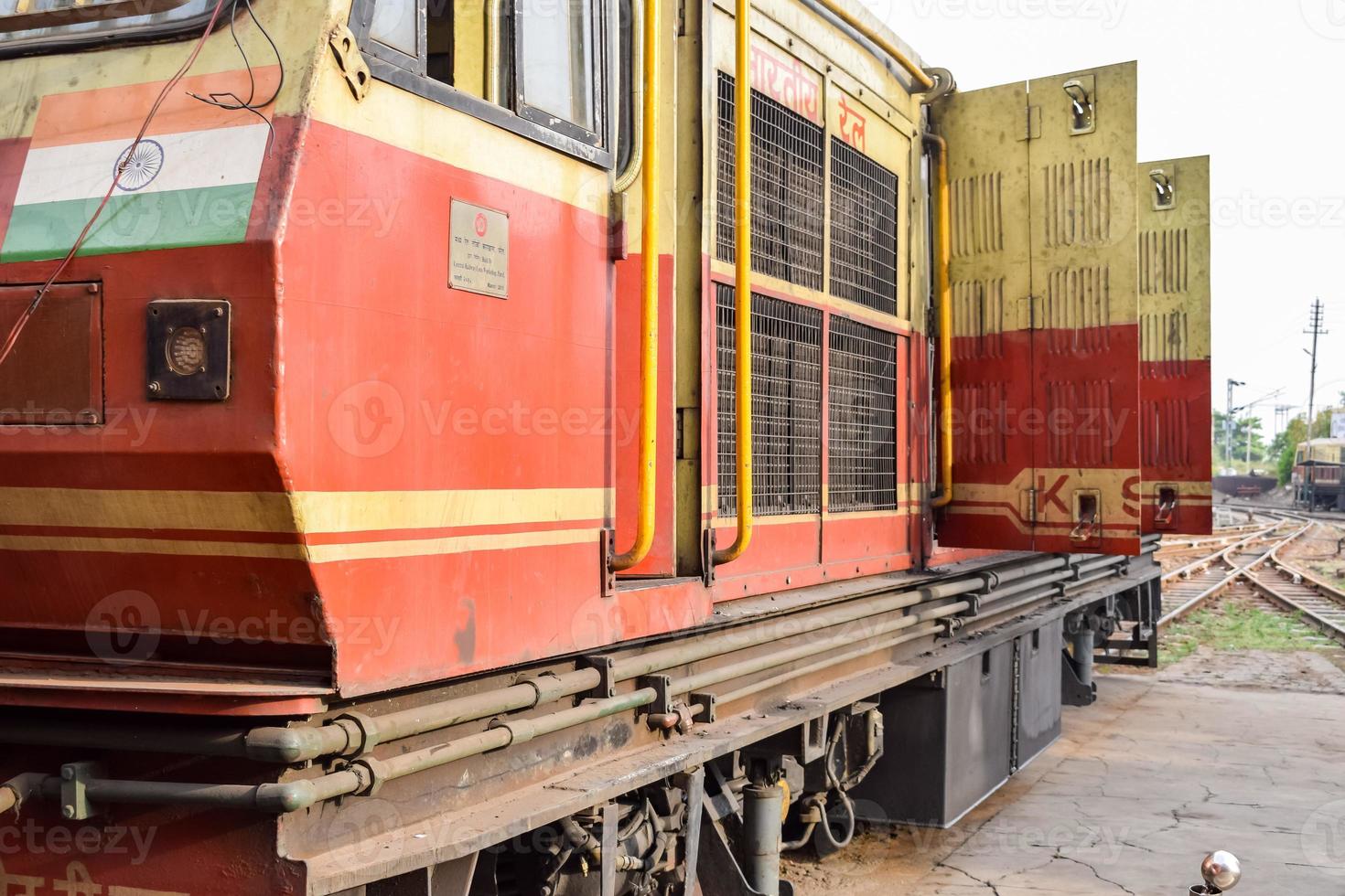 Kalka, Haryana, India May 14 2022 - Indian toy train diesel locomotive engine at Kalka railway station during the day time, Kalka Shimla toy train diesel locomotive engine photo