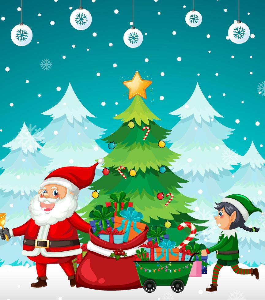 Christmas night with Santa Claus and elves vector