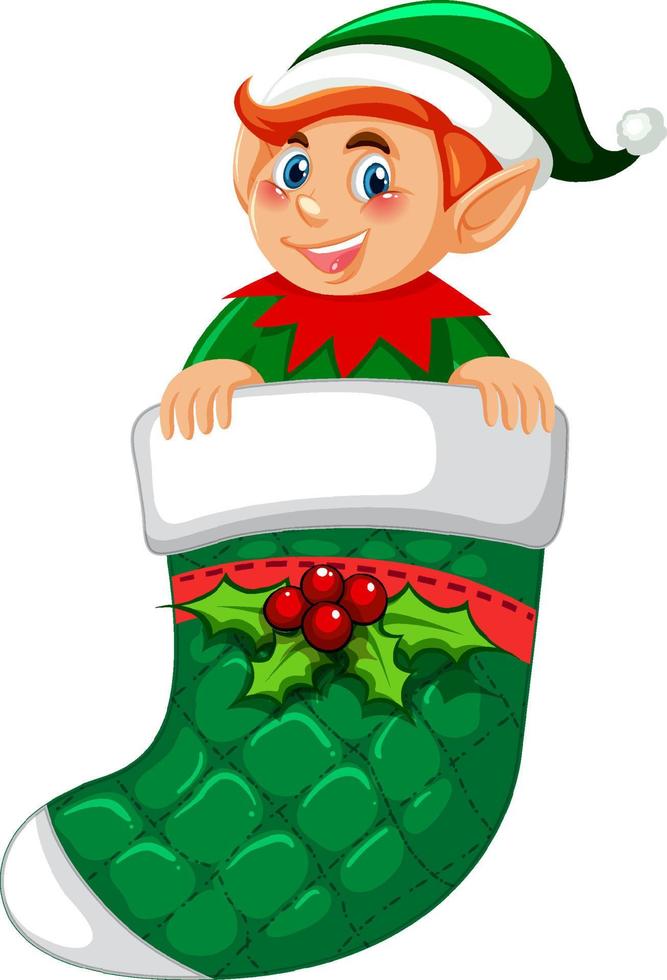 Elf in Christmas sock cartoon character vector