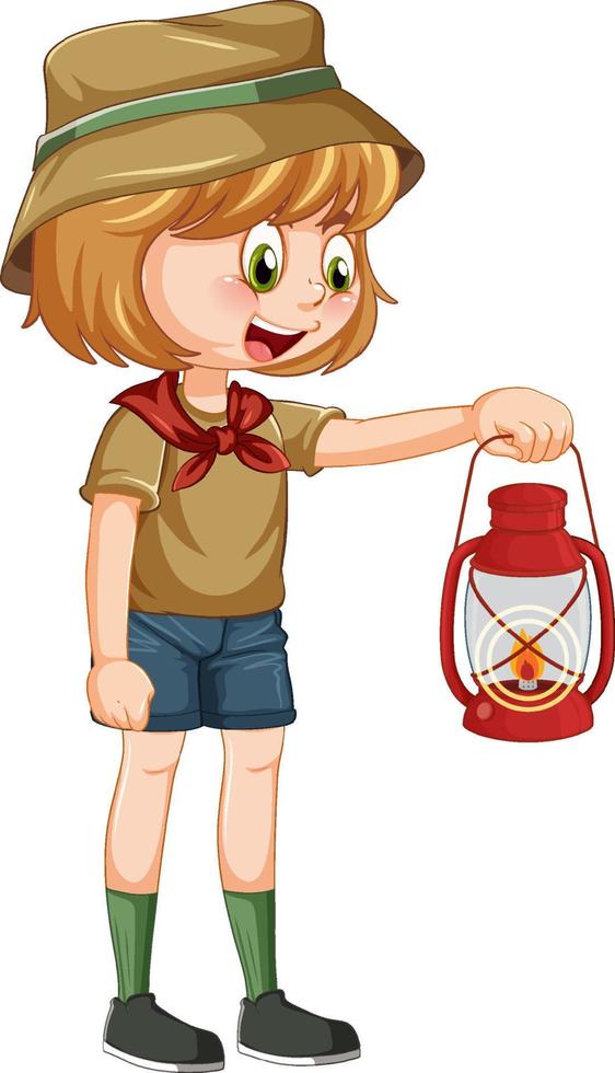 Camping girl holding gas lantern vector