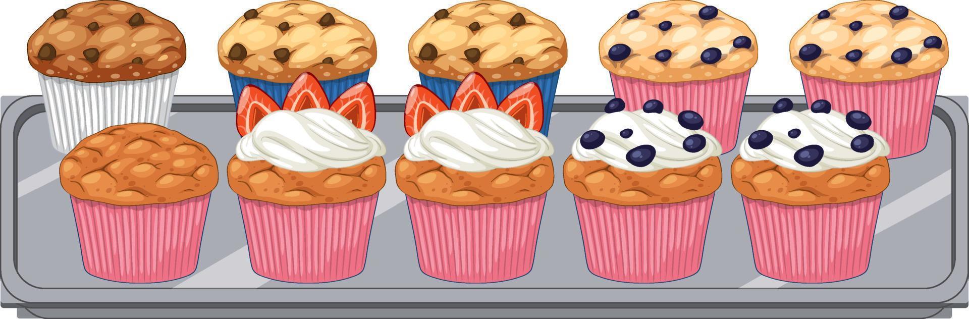 una bandeja de dibujos animados de muffins vector