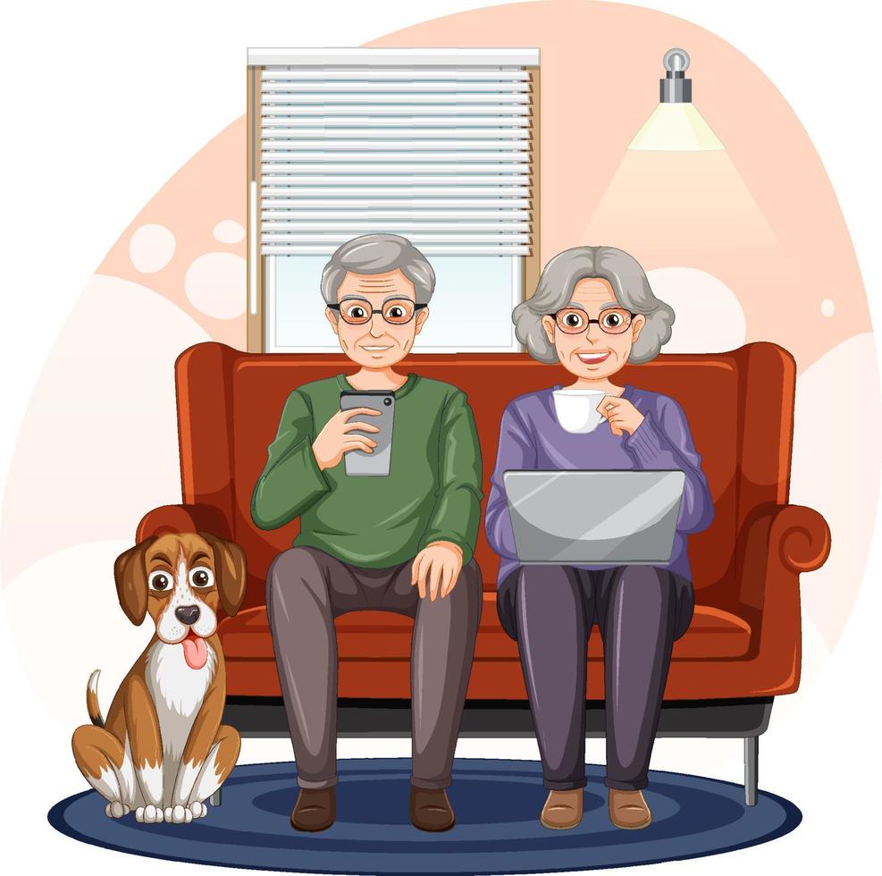 Senior couple using laptop at home vector