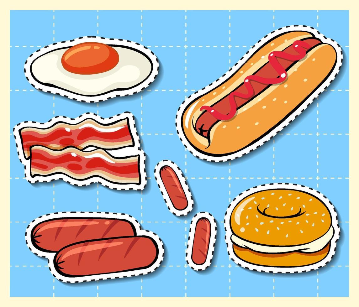 pegatina de dibujos animados de alimentos mixtos en el fondo de la cuadrícula vector