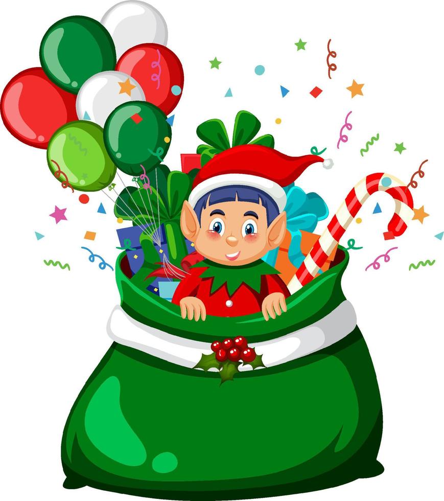 duende en bolsa de regalo de navidad vector