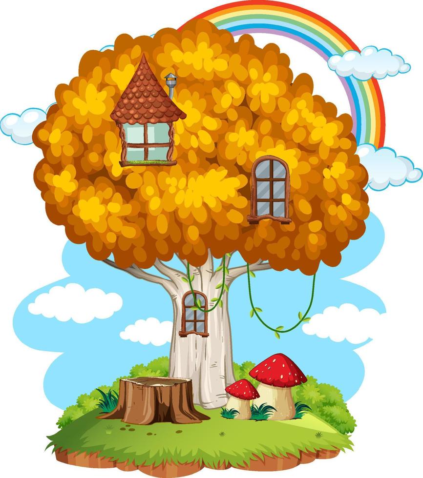 Fairy tree house with rainbow vector