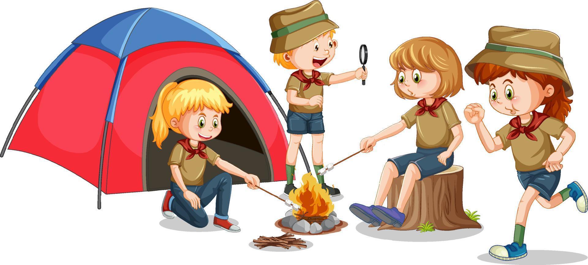 niños acampando en estilo de dibujos animados vector