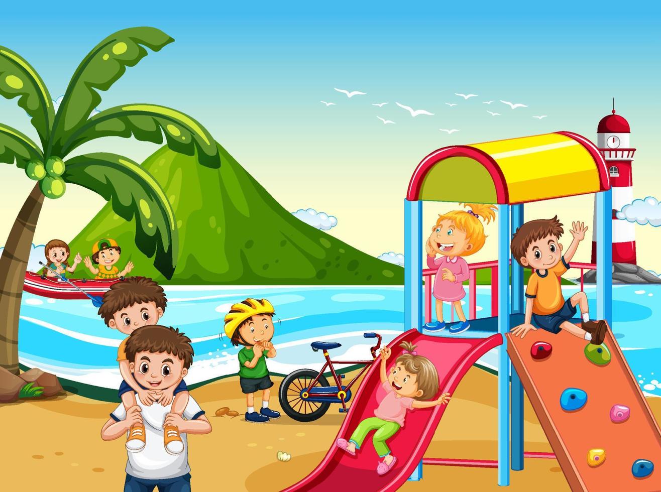 parque infantil en la playa con niños felices vector