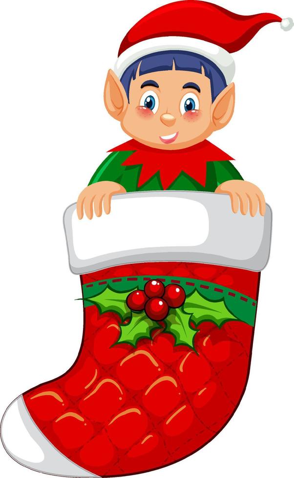 Elf in Christmas sock cartoon character vector