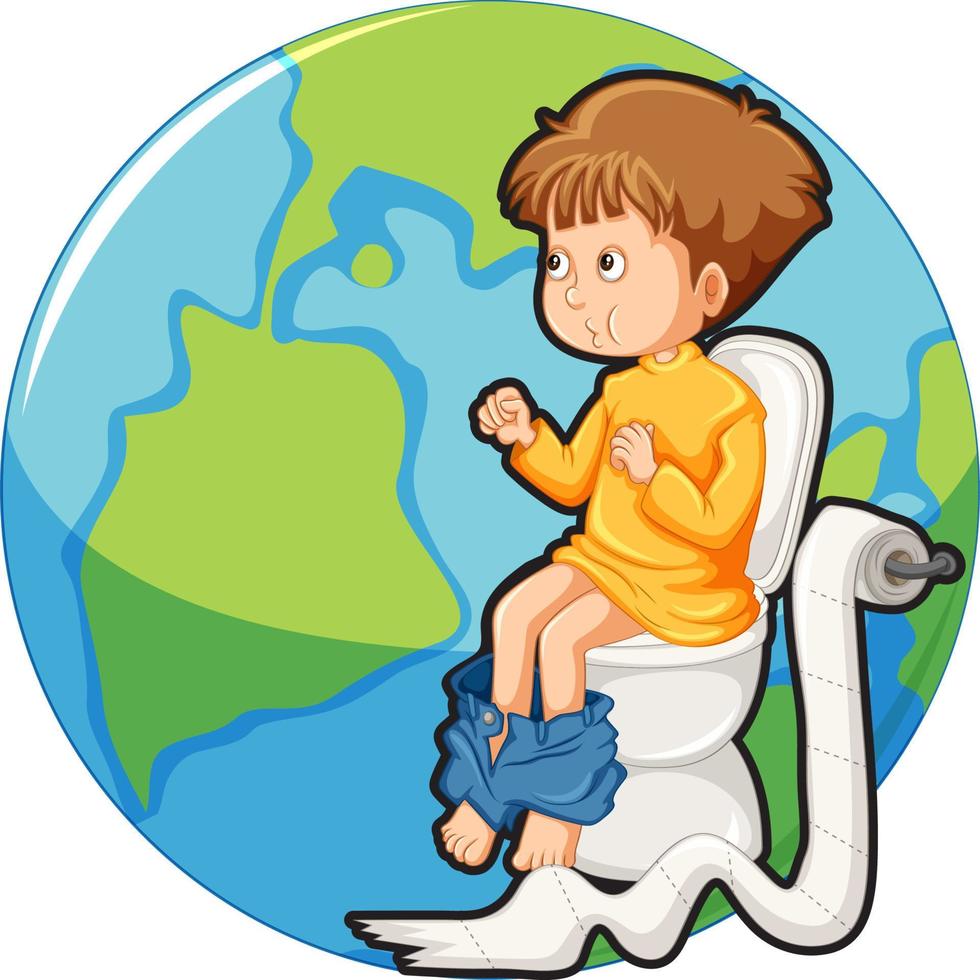 Kid sitting on toilet on earth icon vector
