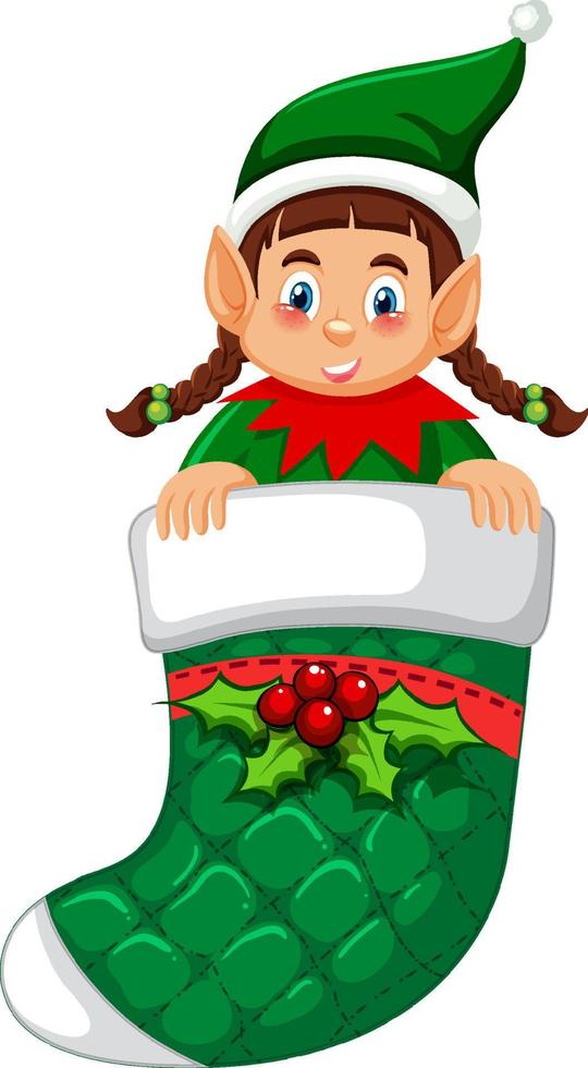 Elf in Christmas sock cartoon character vector