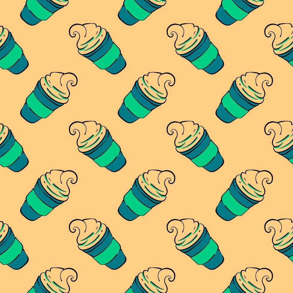 Ice cream in a cup, seamless pattern on yellow background. vector