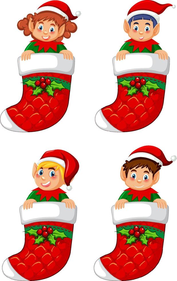 Elf in Christmas sock cartoon character vector