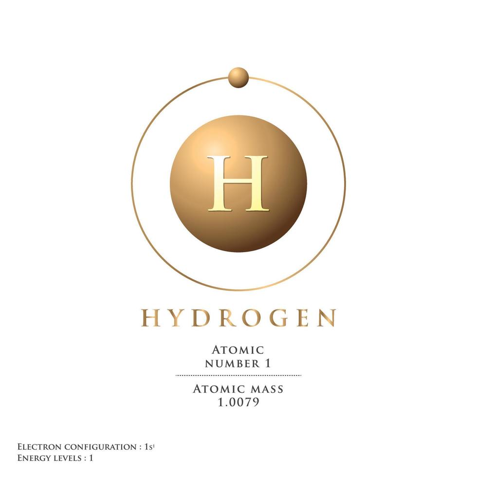 vector hydrogen atomic structure with atomic number electron configuration and energy level, golden tone