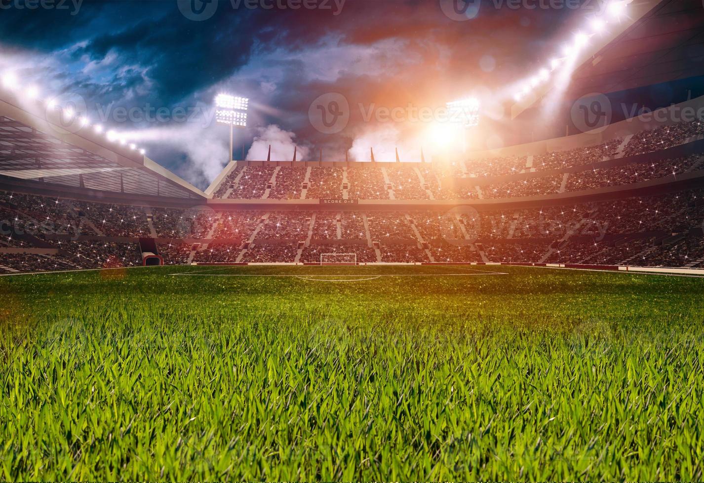 Soccer field in the sports stadium. Lawn illuminated in the center by the surrounding lights . photo