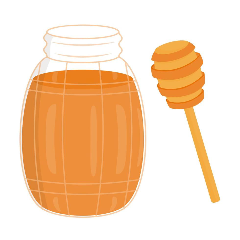 A small open glass jar with honey. A spoon for honey. Sweet and healthy food. Flat vector drawing.