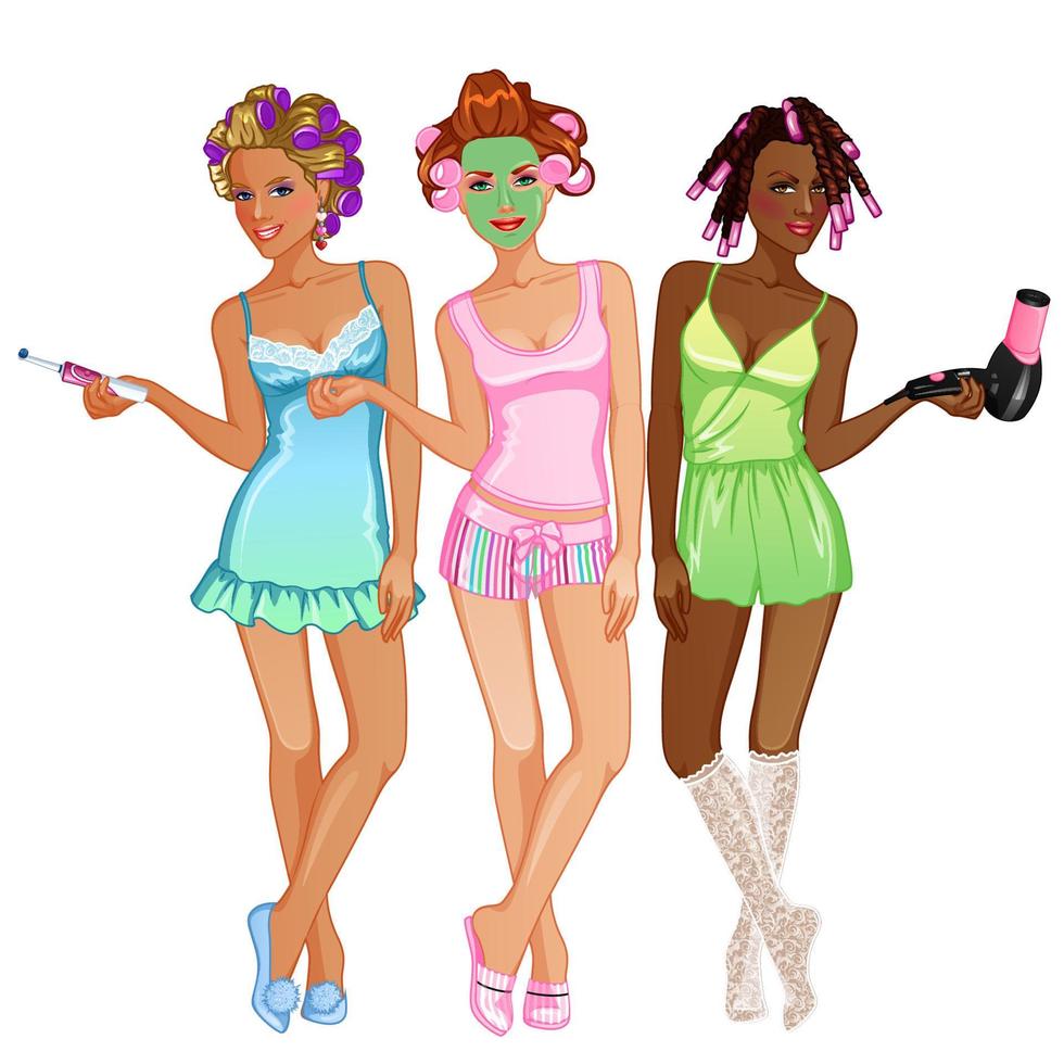 conjunto de personajes femeninos de fiesta de pijamas. ilustración vectorial vector