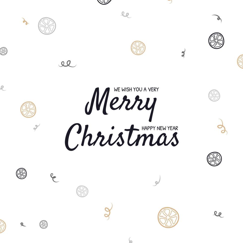 Christmas greeting card in doodle style. Hand drawn text, oranges on white background. Minimalism style vector