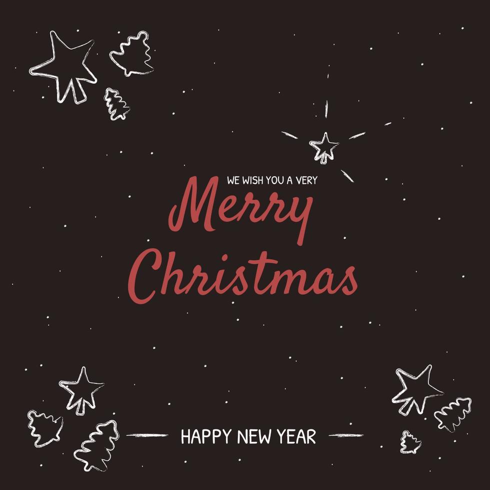 Christmas greeting card in doodle style. Hand drawing text, stars, trees on black background vector