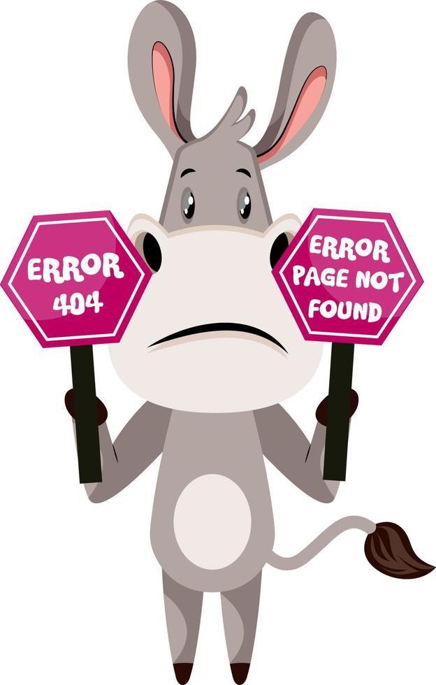 Donkey with 404 error, illustration, vector on white background.