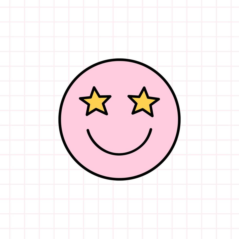 Cute pink smile icon with star eyes in the style of the 90s. Vector hand-drawn doodle illustration isolated on white background. Nostalgia for the 1990s. Perfect for cards, decorations, logo, stickers