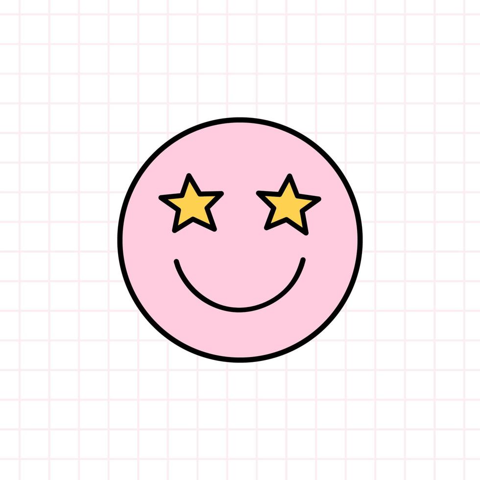 lindo icono de sonrisa rosa con ojos de estrella al estilo de los años 90. ilustración de garabato dibujada a mano vectorial aislada en fondo blanco. Nostalgia de los 90. perfecto para tarjetas, decoraciones, logotipos, pegatinas vector