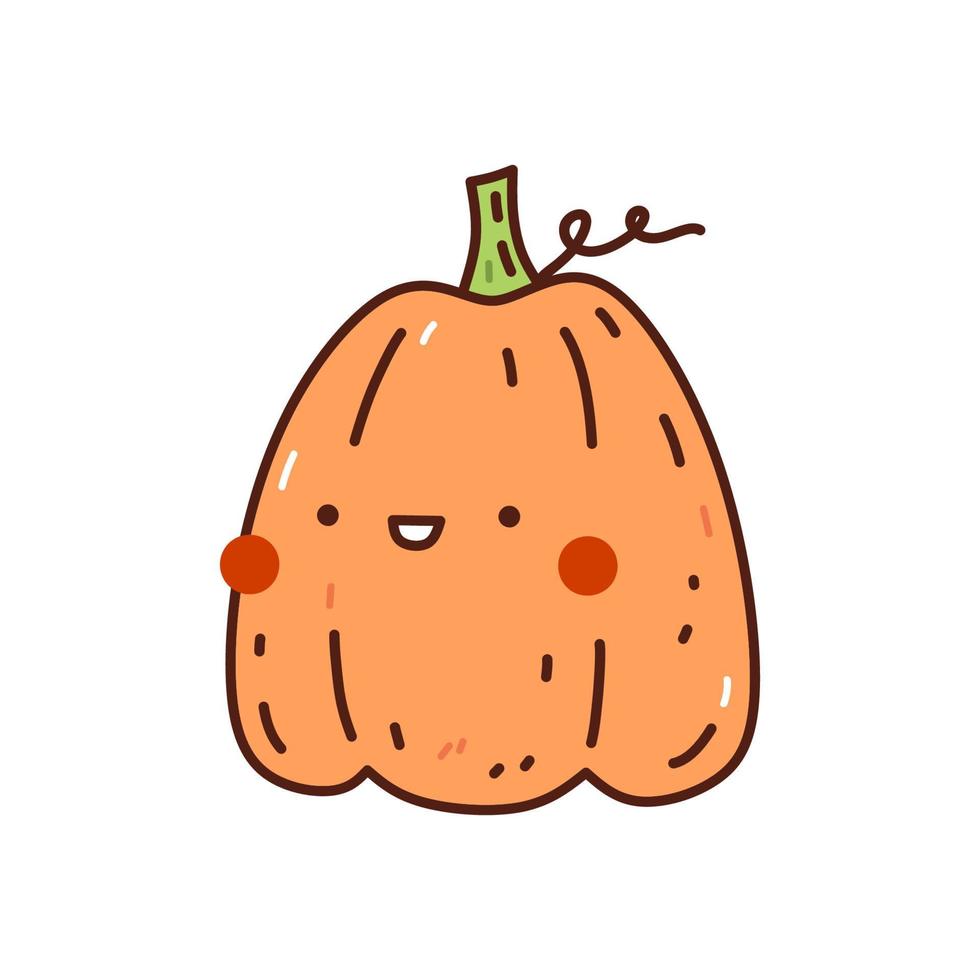 Cute and funny orange pumpkin isolated on white background. Vector hand-drawn illustration in doodle style. Kawaii character. Perfect for cards, decorations, logo and Halloween designs.