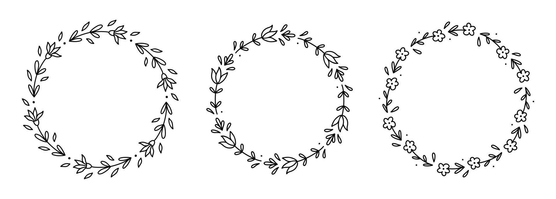 Set of floral wreaths isolated on white background. Round frames with flowers and leaves. Vector hand-drawn illustration in doodle style. Perfect for cards, invitations, decorations, logo.