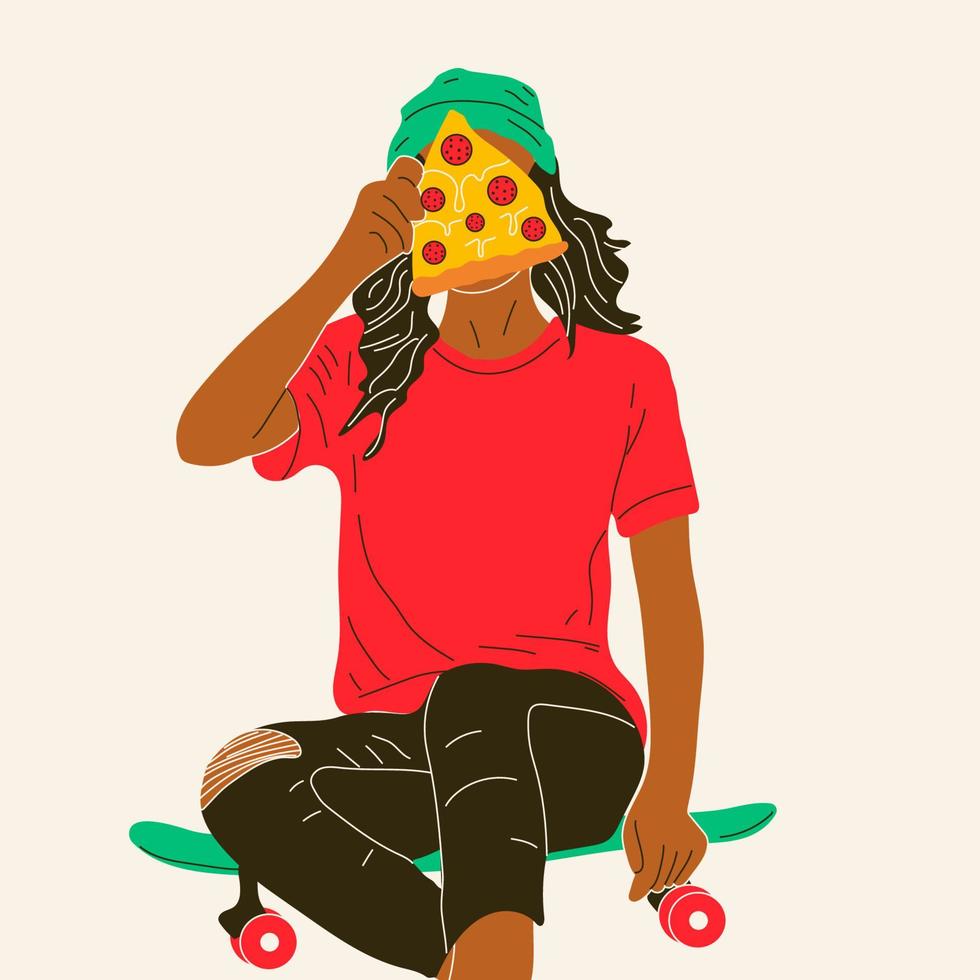la chica se sienta en una patineta y come pizza. ilustración de tendencia vectorial brillante. vector