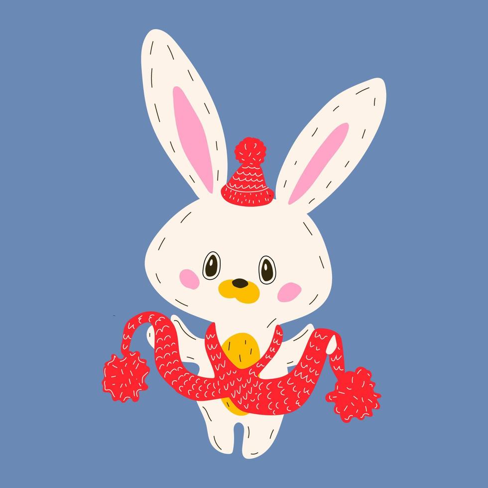Cute bunny in a hat and a scarf. Mascot 2023. Isolated flat vector illustration.