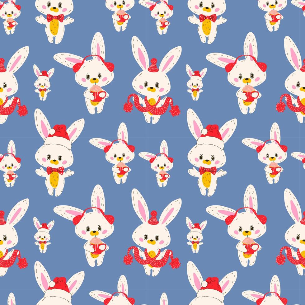 Seamless pattern with Cute bunny in a hat and a scarf. Mascot 2023. vector